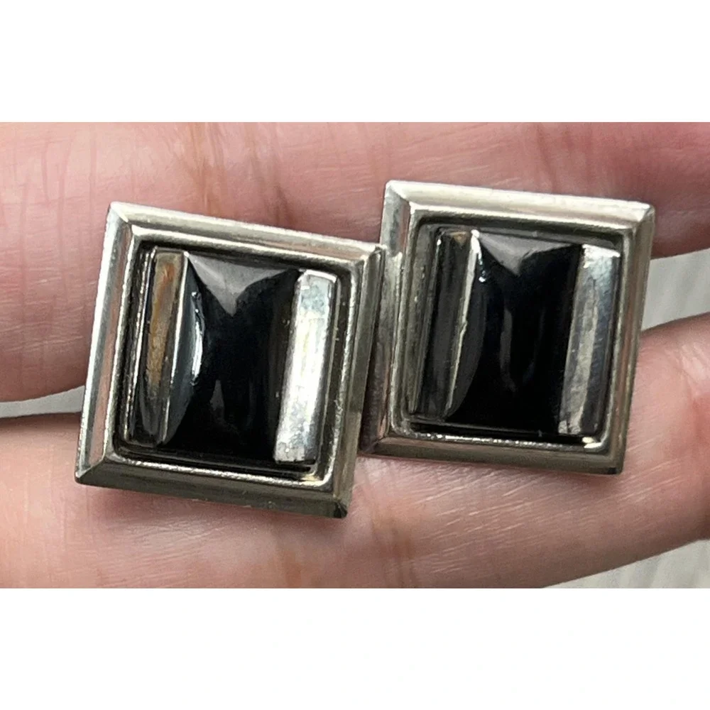 Mens Silver Tone Square Cufflinks Black Onyx Style Cabochon Dress‎ Shirt Pair